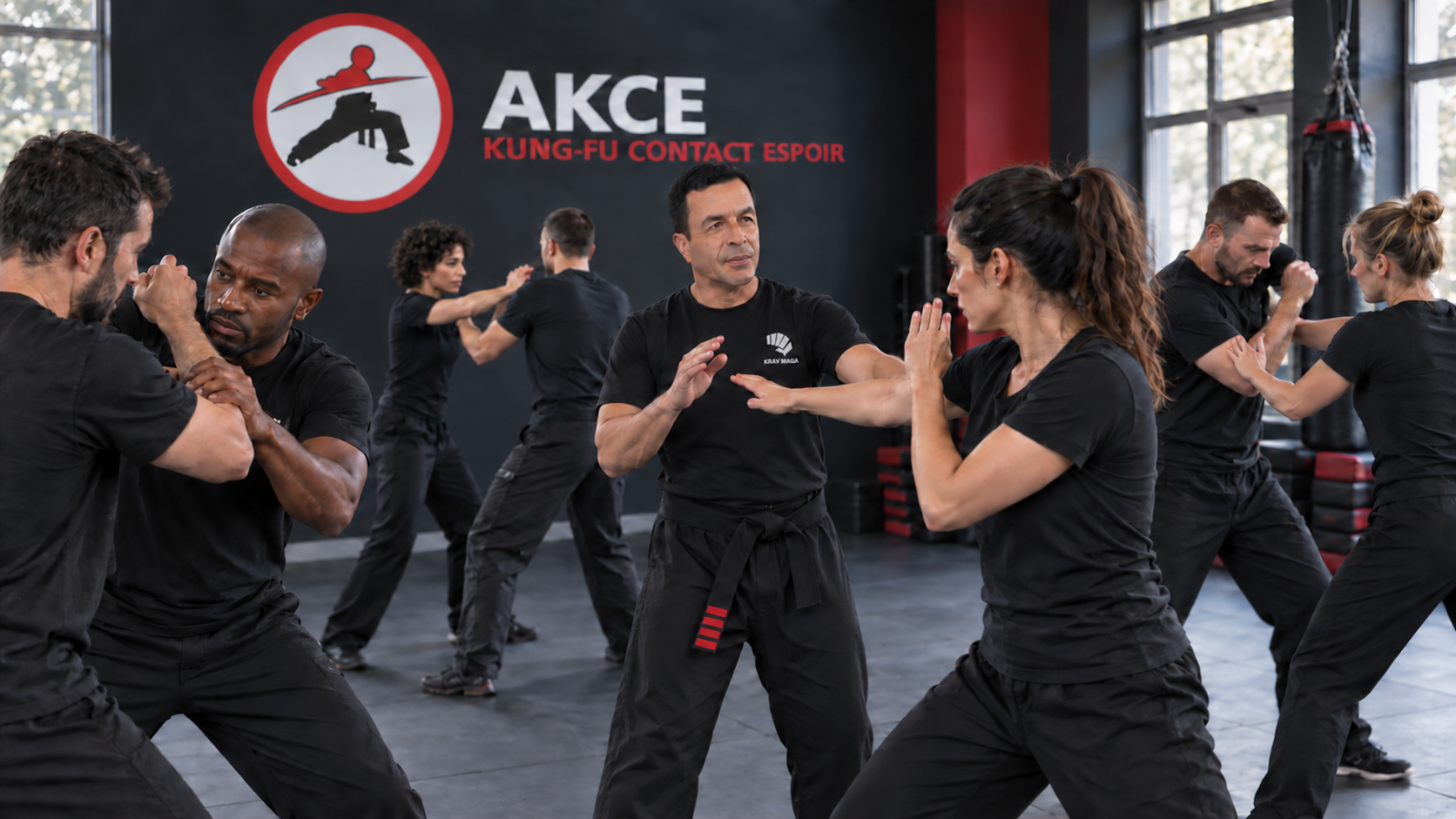 Illustration d'un cours collectif de Krav-Maga : pratiquants en tenue noire s'entraînant en groupe devant le logo AKCE