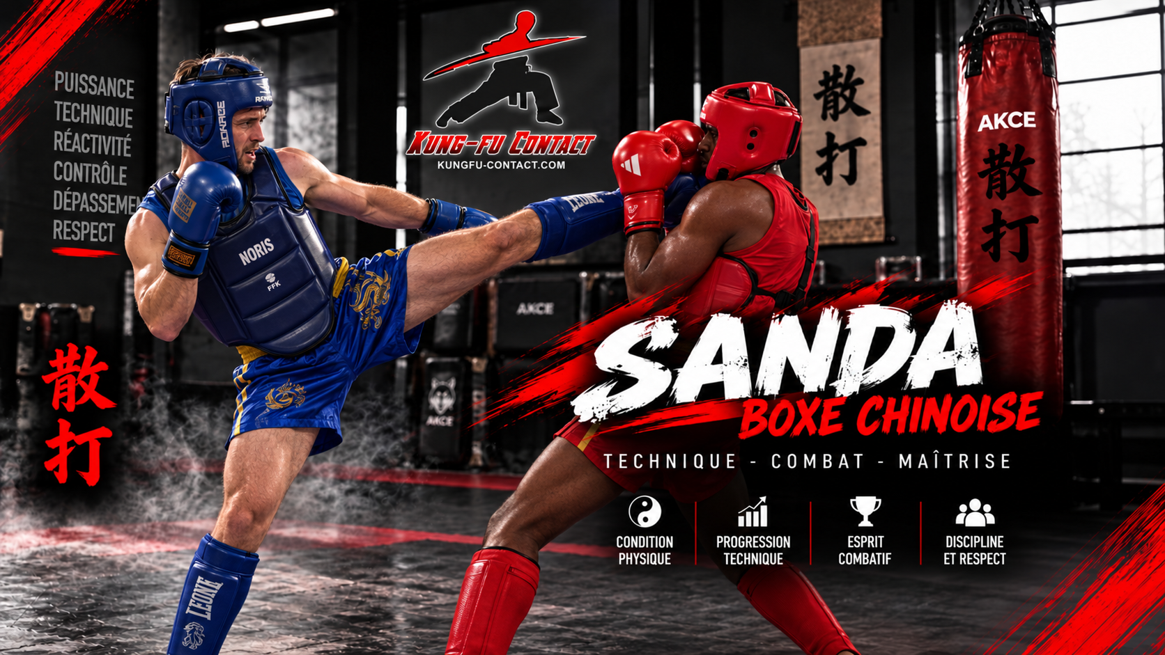 Illustration Sanda&nbsp;: deux pratiquants en tenue prot&eacute;g&eacute;e s'affrontant lors d'un entra&icirc;nement, devant le logo Kung-Fu Contact