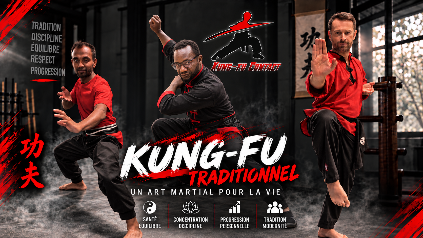 Illustration Kung-fu Traditionnel&nbsp;: pratiquant en tenue rouge en position de garde, devant le logo Kung-Fu Contact