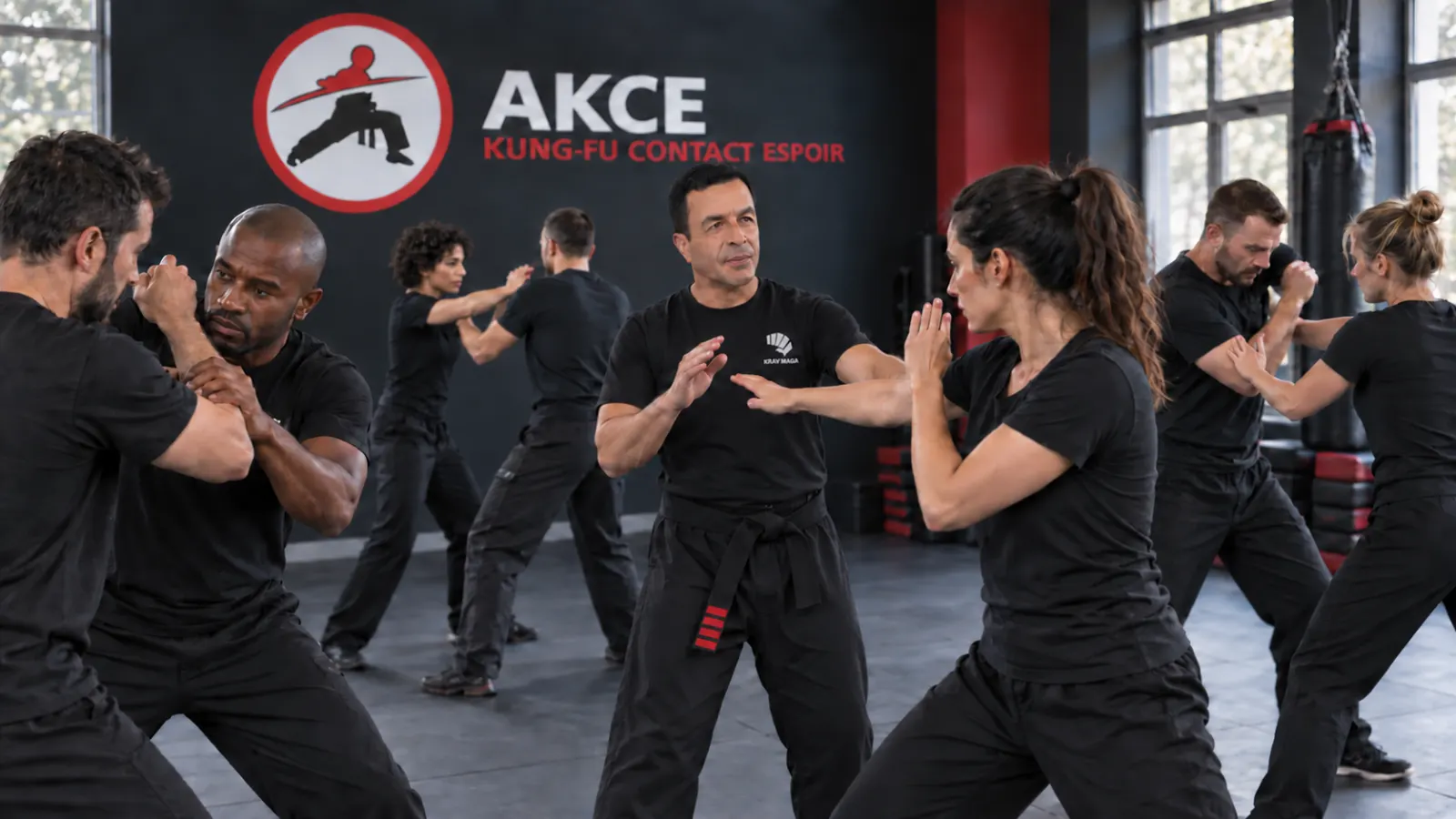 Illustration d'un cours collectif de Krav-Maga : pratiquants en tenue noire s'entraînant en groupe devant le logo AKCE